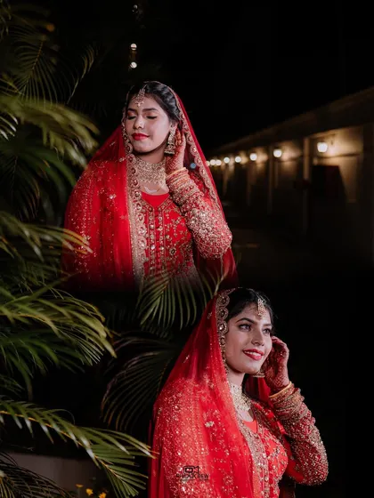 A creative collage of a bride in her beautiful red wedding lehenga, showing different expressions and poses.