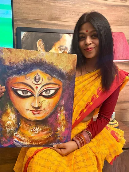 Here I am with my completed Durga Ma painting for the year. Creating this piece is a personal ritual and my way of welcoming the goddess into my home.