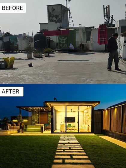 This transformation focused on creating a serene, green escape. We replaced the cluttered rooftop with a beautiful glass house and a manicured lawn with an illuminated pathway, perfect for evening strolls.
