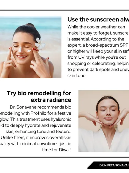In my Times Now feature, I emphasized that sunscreen is always essential, even in cooler weather. For an extra festive radiance, I also recommended bio-remodeling with Profhilo, which deeply hydrates and enhances skin quality with minimal downtime.