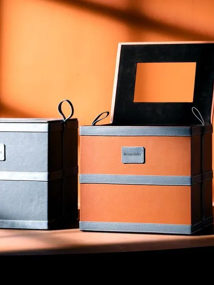 A sophisticated product shot of Verman Atelier's leather storage boxes. The dramatic side lighting creates strong shadows and highlights the texture and form of these luxury home accessories.