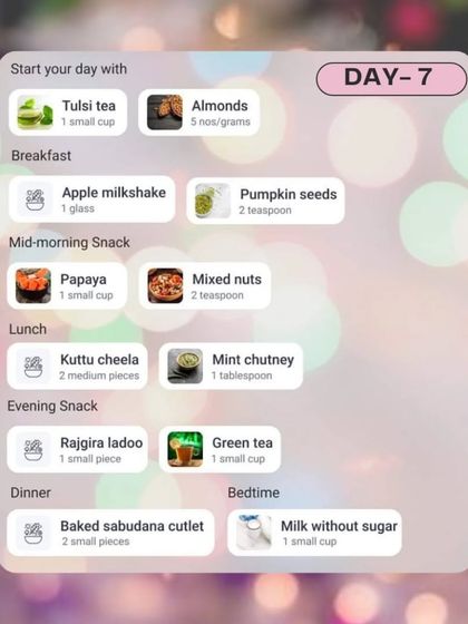 This is the sample meal plan for Day 7 of my Navratri fasting guide. It includes a variety of foods like apple milkshake, kuttu cheela, and baked sabudana cutlets to keep your diet diverse and nutritious.