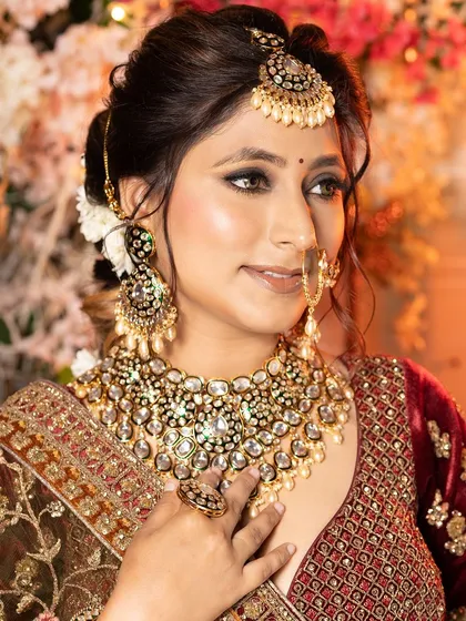 A complete set of images showcasing a bride in a heavy, multi-toned velvet lehenga. The series provides a full 360-degree view, perfect for client consultations.