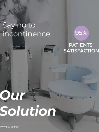 Our solution for incontinence is the US FDA-approved Emsella chair, which has a 95% patient satisfaction rate. This image shows the actual device in our clinic, designed for a comfortable and discreet treatment experience.