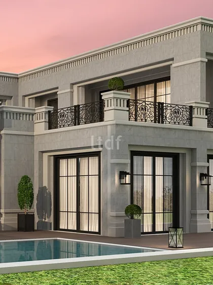 This luxurious residential architecture exudes timeless elegance with its classical theme. The exterior, adorned in sophisticated monotone hues, features intricate moldings and grand columns that stand as a testament to classical beauty and architectural excellence.
