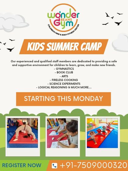 Flyer for our Kids Summer Camp, highlighting gymnastics and a creative book reading club.