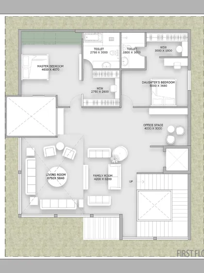 The first-floor layout, showing the private spaces like the master bedroom and family lounge. The double-height volume over the living room below creates a sense of vertical connection and spaciousness.
