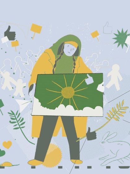 Another piece from the 'Z Futures' series, this illustration depicts a young activist, reminiscent of Greta Thunberg. It visualizes the theme of youth-led movements and the power of a single voice to inspire change.