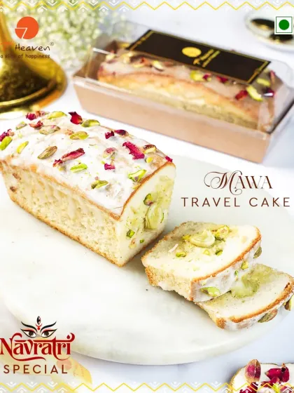 Carry happiness wherever you go this Navratri. Our Mawa Travel Cake is a festive special, packed with traditional mawa flavor and topped with pistachios and rose petals.