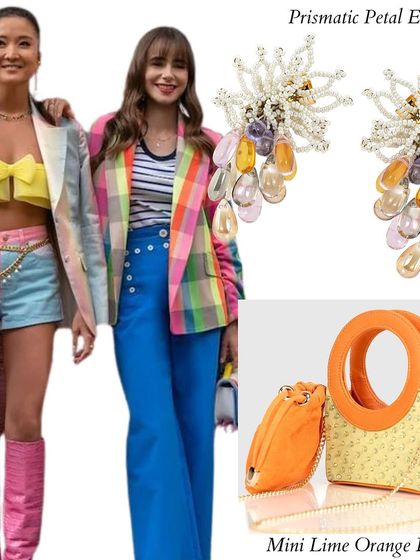 Channeling your inner Emily in Paris. This image shows how to style a colorful checkered blazer with our prismatic petal earrings and a vibrant mini bag for that effortlessly chic and playful Parisian flair.