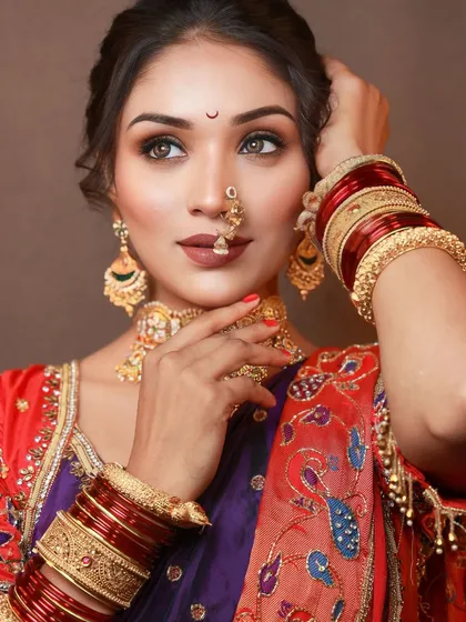 A close up on the details. The classic Maharashtrian crescent bindi, the nath, and the subtle glow on the skin are all elements we practice in our bridal sessions.