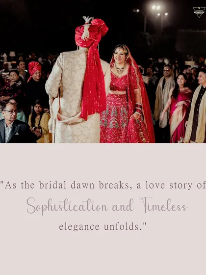 A text overlay on a photo of the couple, telling a story of sophistication and timeless elegance.