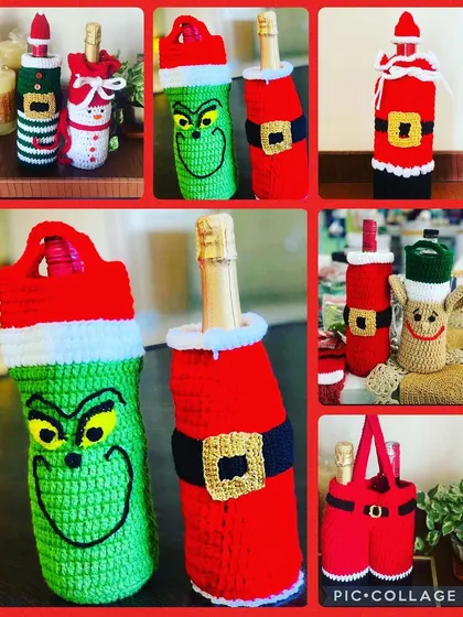 A collage showcasing the wide variety of Christmas bottle covers I offer, from Santa and elves to the Grinch and reindeer.