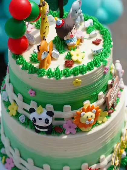 Another view of the adorable farm-themed two-tiered cake, complete with fondant animals and a picket fence.