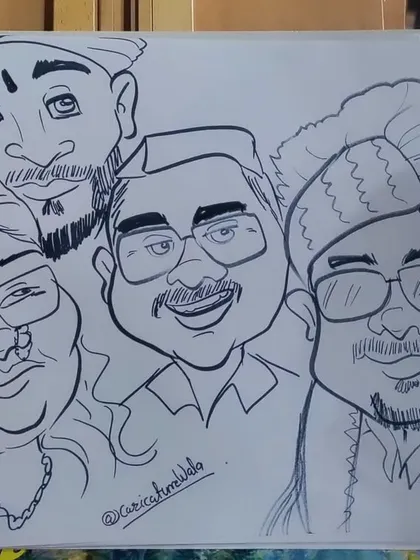 A fun group caricature featuring four people with distinct personalities, including some wearing traditional turbans. I can handle group portraits with ease.