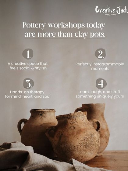An informational graphic explaining that modern pottery workshops are about more than just making pots; they are a social, therapeutic, and stylish experience.