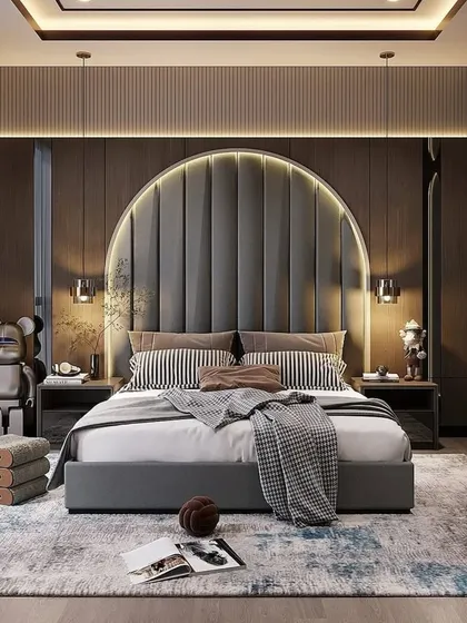 A full view of the dark wood bedroom concept, showing the arched headboard, modern decor pieces, and the overall luxurious feel of the space.
