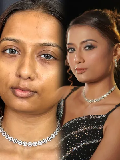 A glamorous before-and-after party look. The final result is a classic smokey eye with a nude lip and a messy bun, perfect for a night out.