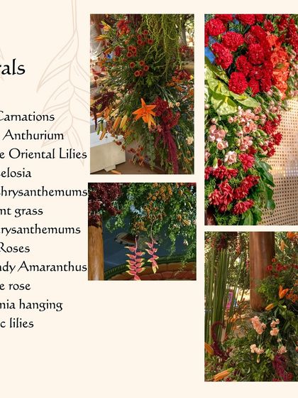 A breakdown of the specific florals used to bring the 'Rustic Summer Backyard Wedding' theme to life, including red carnations, orange lilies, and burgundy amaranthus.
