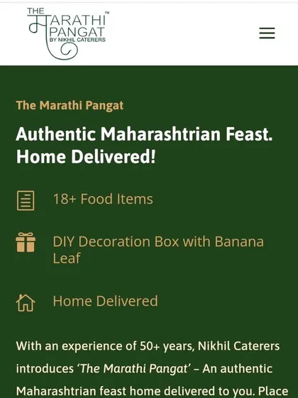 Ordering your authentic Maharashtrian feast is simple. Our website clearly outlines what you get: 18+ food items, a DIY decoration box with banana leaves, and convenient home delivery.