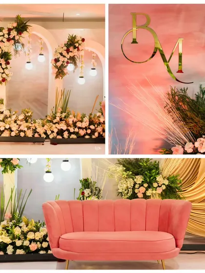 A collage showcasing the decor for an elegant engagement, including the floral stage with arched backdrops, a custom monogram, and a chic pink sofa for the couple.