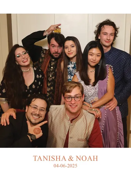 A fun group shot of friends from different cultures coming together at a wedding. Our photo booth is a great icebreaker and a way to unite guests in a shared, fun activity.