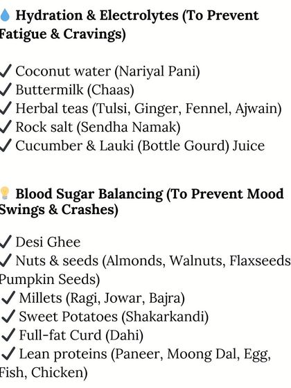 During your period, staying hydrated with coconut water and herbal teas helps prevent fatigue. Balancing blood sugar with desi ghee, nuts, and millets can prevent mood swings and energy crashes.