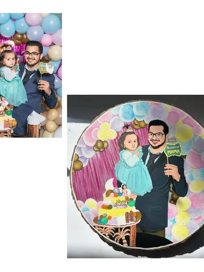 Celebrating a first birthday with a unique hand-painted gift. This portrait captures the father and daughter with their cake and festive balloon background, all recreated in my signature style on a wooden slice.