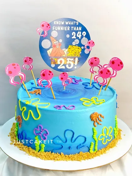 Another take on the SpongeBob theme, this cake features the iconic "What's funnier than 24? 25!" joke for a 25th birthday. The jellyfish and underwater flowers are all handcrafted.