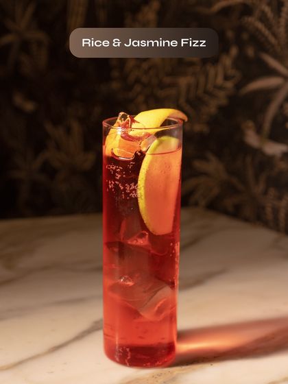 Our Rice & Jasmine Fizz, an elegant and aromatic cocktail. The subtle flavours of rice and jasmine create a unique, sophisticated, and bubbly drink.