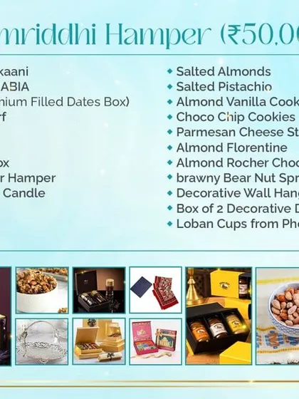 We believe in transparency and quality. This detailed list for our 'Samriddhi Hamper' shows every handpicked item, from the Ekaani silver tray and OUD ARABIA ittars to our own almond rocher chocolates.