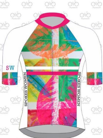 A detailed view of the 2023 Summer jersey for women. The design features bold, expressive brushstrokes in pink, orange, and green, perfect for standing out on sunny rides.