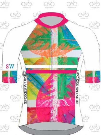 A detailed view of the 2023 Summer jersey for women. The design features bold, expressive brushstrokes in pink, orange, and green, perfect for standing out on sunny rides.