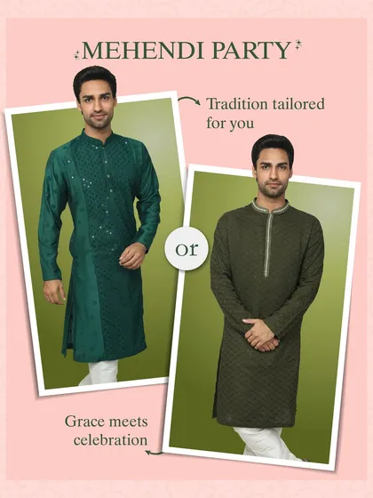 Mehendi party options that blend tradition and style. On the left, an emerald green kurta with mirror work. On the right, a quilted olive green kurta. Both are tailored for celebration.