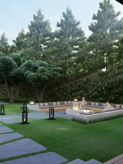 A wide view of a proposed farmhouse lawn, featuring a sunken fire pit area nestled among tall pine trees. We design landscapes that offer both grand open spaces and secluded corners for privacy and conversation.