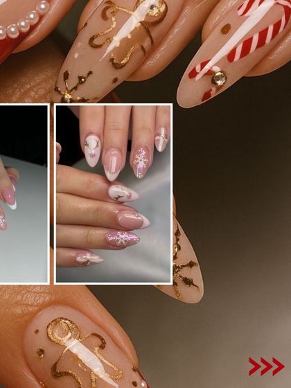 Get into the holiday spirit with these adorable Christmas nails. This collage features cute gingerbread men, snowflakes, and candy cane designs.