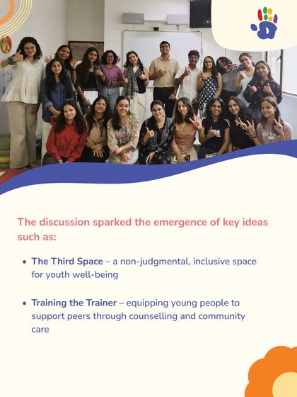 This image captures the spirit of our community work. It highlights key ideas that emerged from a discussion, such as creating a non-judgmental "Third Space" for youth well-being and training young people to support their peers.