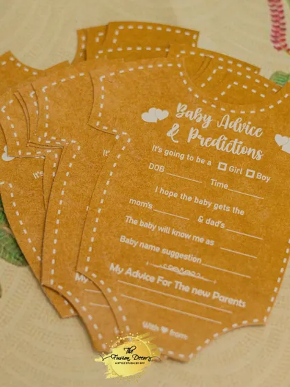 A keepsake for the parents-to-be. I provide these 'Baby Advice & Predictions' cards for guests to fill out, offering their wisdom and well wishes. It's a beautiful memento from a day filled with love.