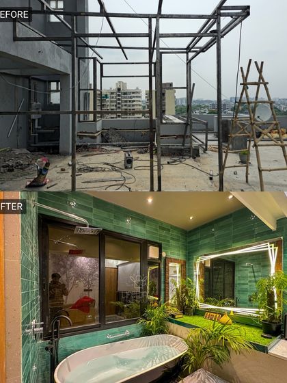 From a construction frame to a five-star spa experience. This porta cabin now features a luxurious bathtub with an indoor green space, offering a private and serene escape right on the terrace.