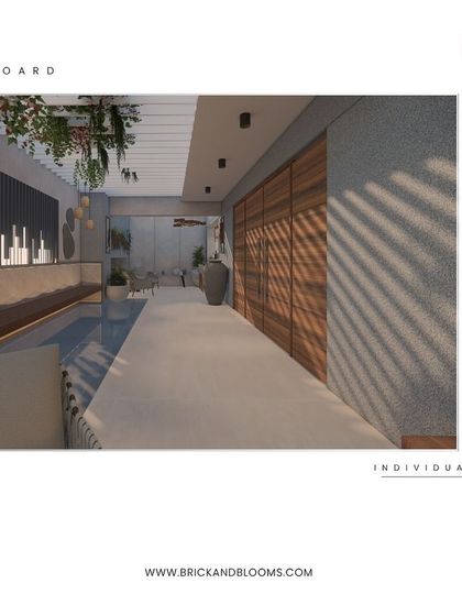 This render showcases a long terrace walkway, demonstrating how we handle transitional spaces. The design uses clean lines, wooden paneling, and hanging plants from the pergola to create a visually interesting and pleasant path connecting different areas of the rooftop.