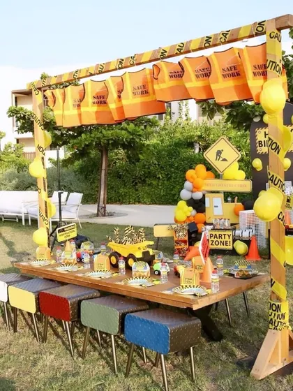 Another angle of the construction party table, showing the 'Party Zone' sign and attention to detail in creating an immersive experience.