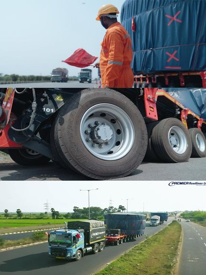 Close-up and aerial views of a Premier Roadlines convoy. We use a variety of shots to detail the vehicles and the coordination required for large-scale transport.