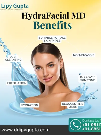 This graphic breaks down the key benefits of the HydraFacial MD. It is a non-invasive treatment suitable for all skin types that provides deep cleansing, exfoliation, and hydration. It also helps improve skin tone and reduces the appearance of fine lines.