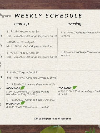 Our weekly schedule from August 18th to 24th, showcasing a mix of regular classes and special weekend workshops like Chakra Healing and a DIY Candle-Making session.