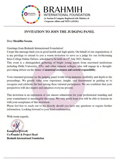 Honored to be invited to the judging panel for an inter-college debate on menstrual awareness by the Brahmih International Foundation. It's a critical topic that needs open discussion.