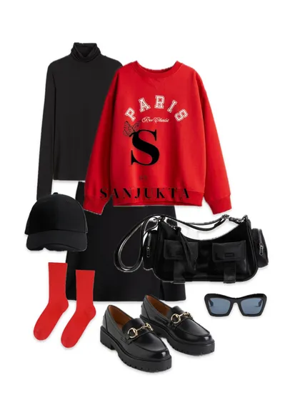 This look is all about casual cool with a pop of color. A bright red sweatshirt paired with an all-black base of a turtleneck, skirt, and loafers creates a comfortable and eye-catching outfit perfect for a weekend.