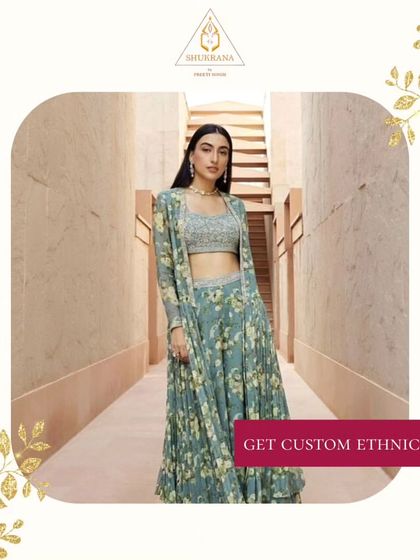 I believe in creating custom ethnic wear that reflects your personal style. This ensemble, featuring a printed skirt, crop top, and matching jacket, is an example of the modern, coordinated sets I can design for you.