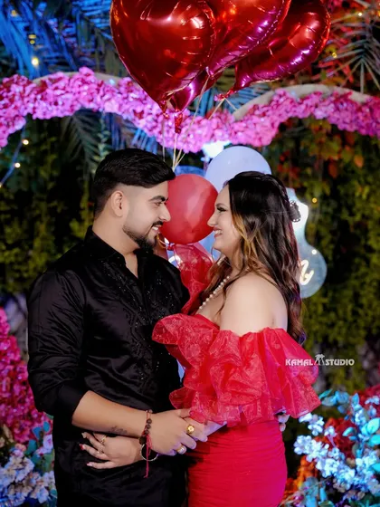 A romantic portrait with balloons and beautiful decor, capturing the celebratory mood right after the proposal.