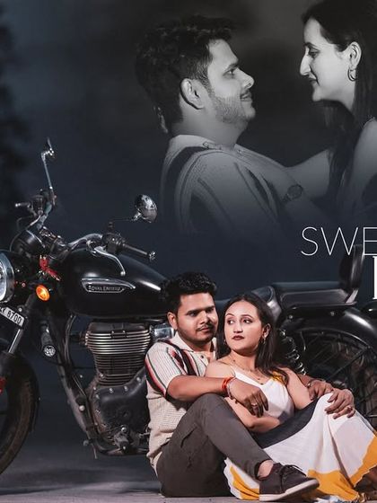A creative composite image combining a close-up portrait with a full shot of the couple and their motorcycle at night, creating a dreamy, movie-poster effect.