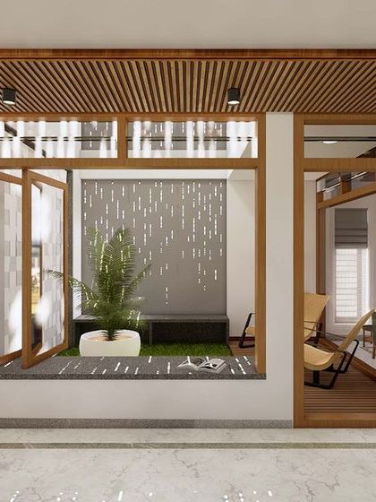 A conceptual render for a modern living space, featuring an internal courtyard. This design brings light and a private green space into the heart of the home.